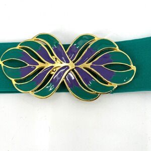 Vintage Enamel Elastic Belt‎ Gold Leaf Purple Green Size M/L Rockabilly Retro